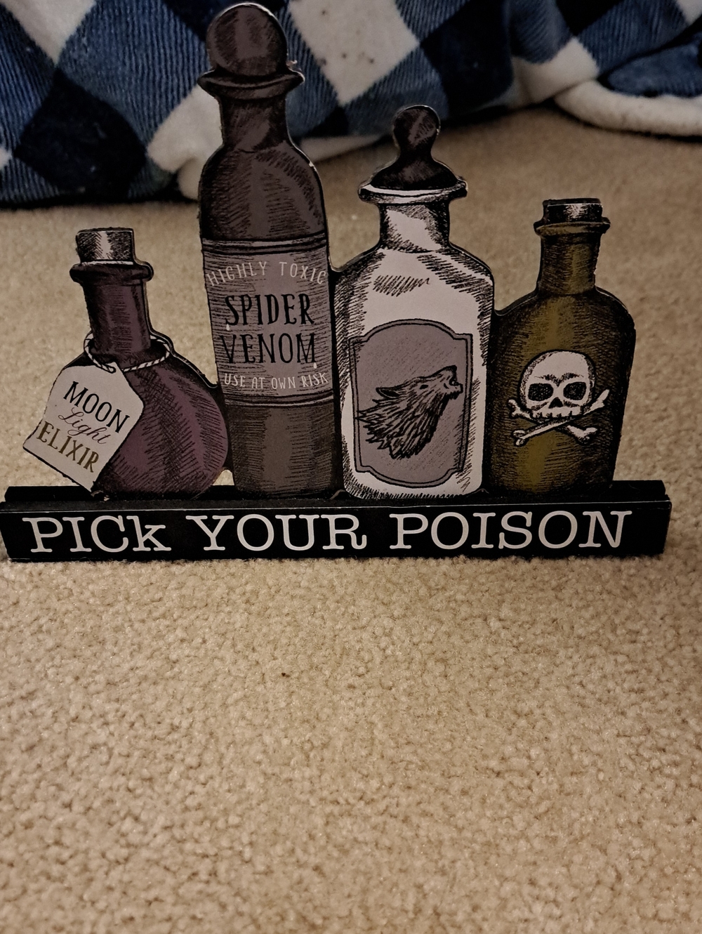 Pick Your Poison Decorative Bottle Sign - Halloween Shelf Accent